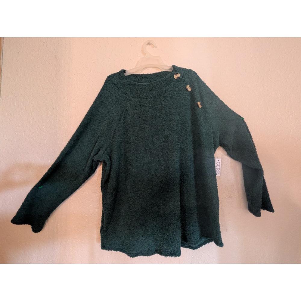 Cure Womens Forest Green Terry Fuzzy Sweater Pullover Top Plus Size 2X or 3X